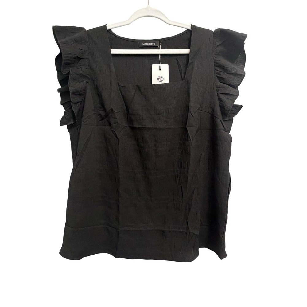 Merokeety Black Ruffle Cap Sleeve Square Neck Textured Blouse XL New